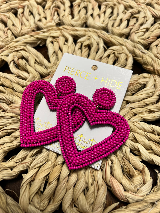 Pink Open Beaded Heart Earrings